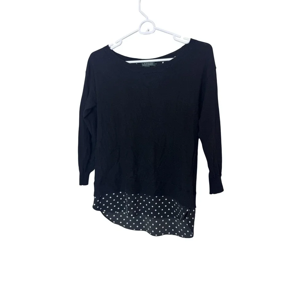Lauren Ralph Lauren Sweater Womens XS Black Polka Dot Hem 3/4 Sleeve‎ Knit